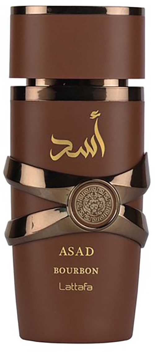 Ruskea pullo, jossa on kultainen arabiankielinen teksti, logo ja sanat 'ASAD BOURBON Lattafa'.
