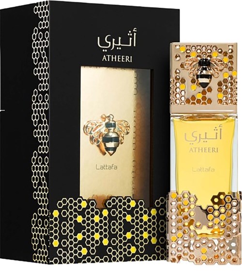 A perfume bottle with a honeycomb design, a bee illustration, and Arabic and English text in a black box.