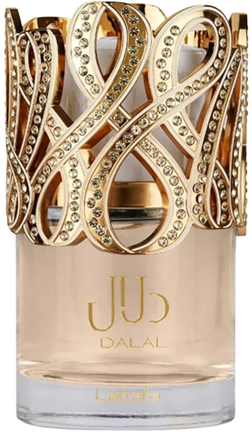 A perfume bottle with a gold, decorative cap covered in crystals and a transparent glass container.