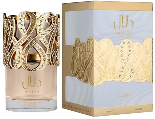 A perfume bottle with a decorative gold and jewel-encrusted top, and a matching ornate box.