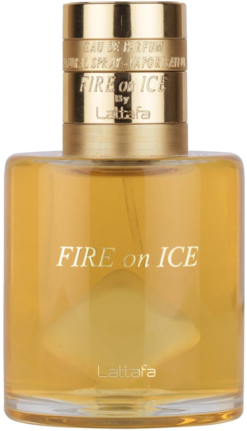 A perfume bottle with a gold cap and yellow liquid inside, labeled 'FIRE on ICE' by Lataffa.