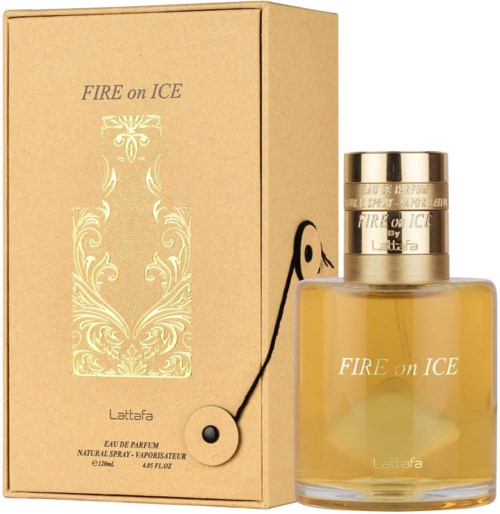 A perfume bottle and box decorated with gold and black, labeled "FIRE on ICE" by Lattafa, elegant design.
