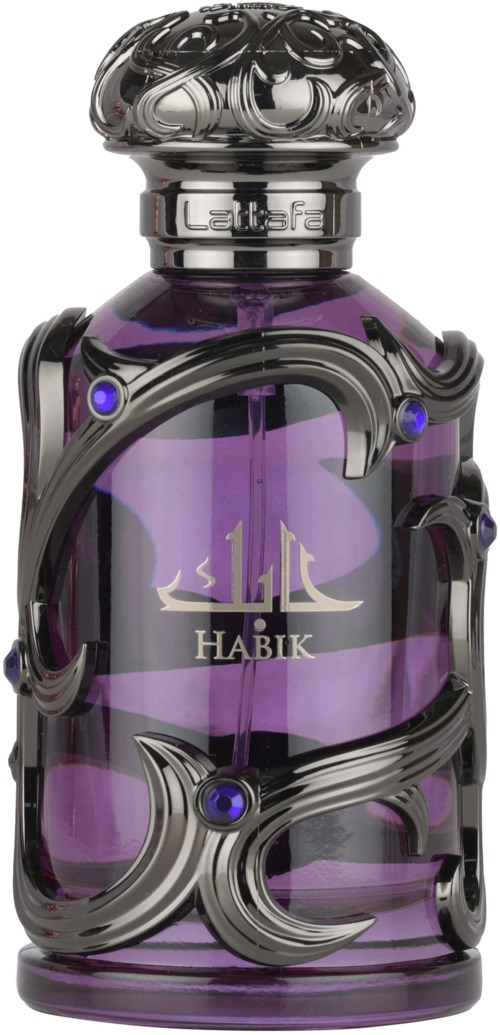 A purple perfume bottle with black decorative elements and a silver cap, labeled "HABIK" and "1L."