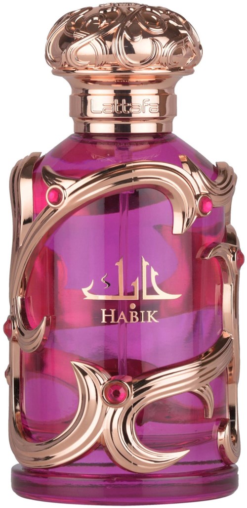 A pink and purple perfume bottle with ornate gold details and pink gems, labeled 'Habik' and 'Extra' on top.