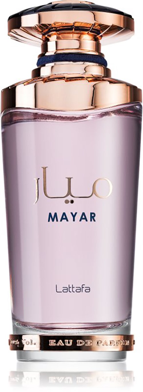 A perfume bottle with a pinkish hue, gold accents, and the name 'Lula Mayar Lattafa' on the front.