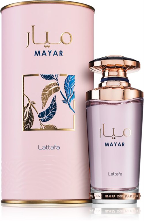 A perfume bottle with a pink box, labeled "JLO MAYAR Lattafa," with gold and rose gold details and blue accents.