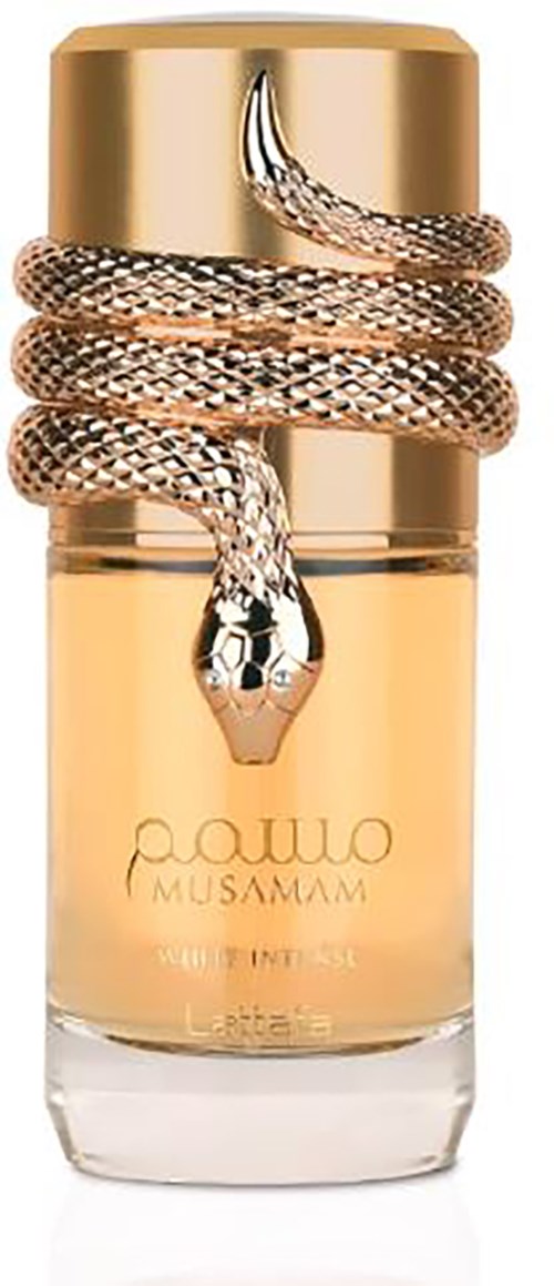 Een goudkleurige parfumfles met een slang om de dop, met de kop hangend naar beneden. De fles heeft Arabisch tekst.