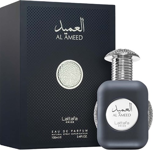 En parfyllåda och flaska med svart och silverdesign, med arabiska och engelska texter för Al Ameer, Lattafa och Pride.