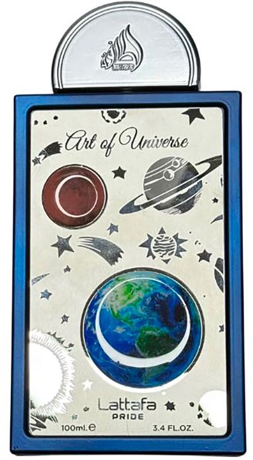 Ett dekorativt tvålstycke med rymdinspirerade bilder och texten 'Art of Universe' och 'Lattfara Pride.'
