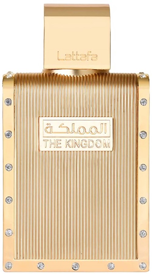 Gold perfume bottle with the name 'Lettava' and 'The Kingdom' written on it, decorated with small diamonds.