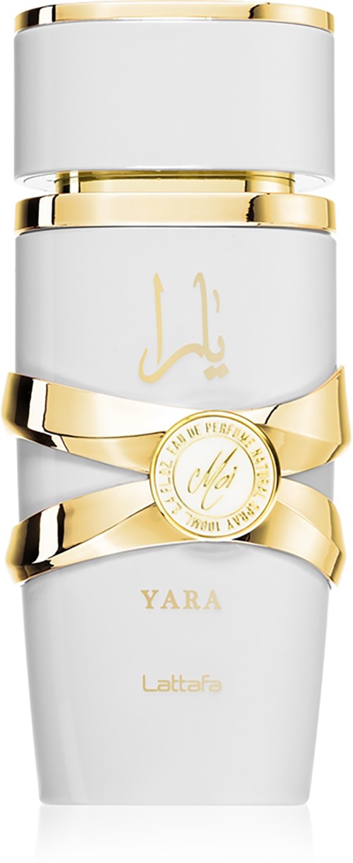 Elegant white bottle with gold accents and a gold ring around the middle, labeled 'YARA' and 'Lattafa.'