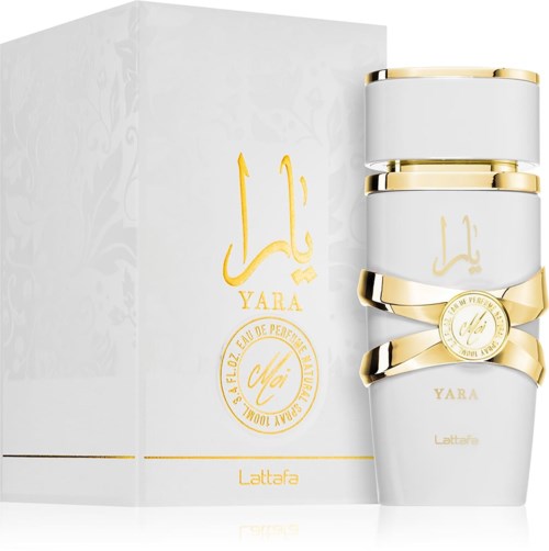 A perfume set with white and gold bottles and a box, featuring a golden logo and the word YARA.