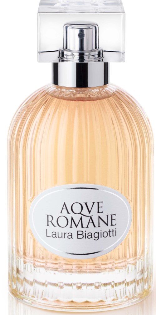  buteleczka perfum z przejrzystym capem, brzoskwiniową cieczą i białą etykietą z napisem 'AQVE ROMANE Laura Biagiotti.'