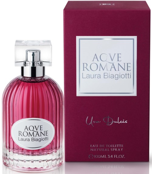 Butelka perfum z różowym płynem i karton oznaczony 'AQUE ROMANE Laura Biagiotti' i 'Uda Dulcis'.