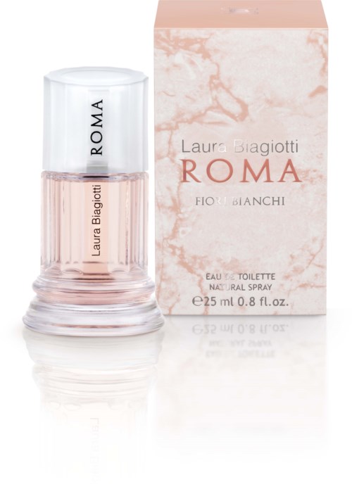 Butelka perfum i opakowanie z napisem "ROMA" od Laura Biagiotti. Butelka jest różowa i przezroczysta, z białym korkiem.