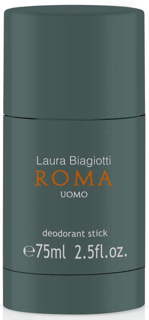 Ein grüner Deostick mit dem Namen 'Roma' von Laura Biagiotti, 75 ml, für Männer.