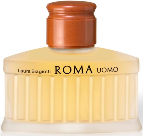 Beżowa butelka z brązową nakrętką, z napisem 'Laura Biagiotti ROMA UOMO' dla mężczyzn. Prosty design i pogrubiony tekst.