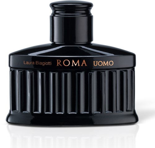 Czarna butelka perfum z złotym napisem "ROMA UOMO."