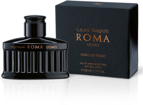 'Rome Uomo Nero Estremo' perfumowa butelka i czarny pudełko, marki Laura Biagiotti.