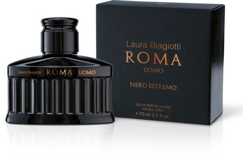 Czarna butelka perfum i czarne opakowanie, oba oznaczone 'Laura Biagiotti ROMA UOMO NERO ESTREMO'.