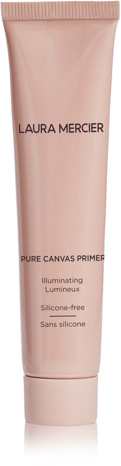 En rosa tub märkt Laura Mercier Pure Canvas Primer, beskriver den som ljusgivande, utan silikon, med enkel förpackning.