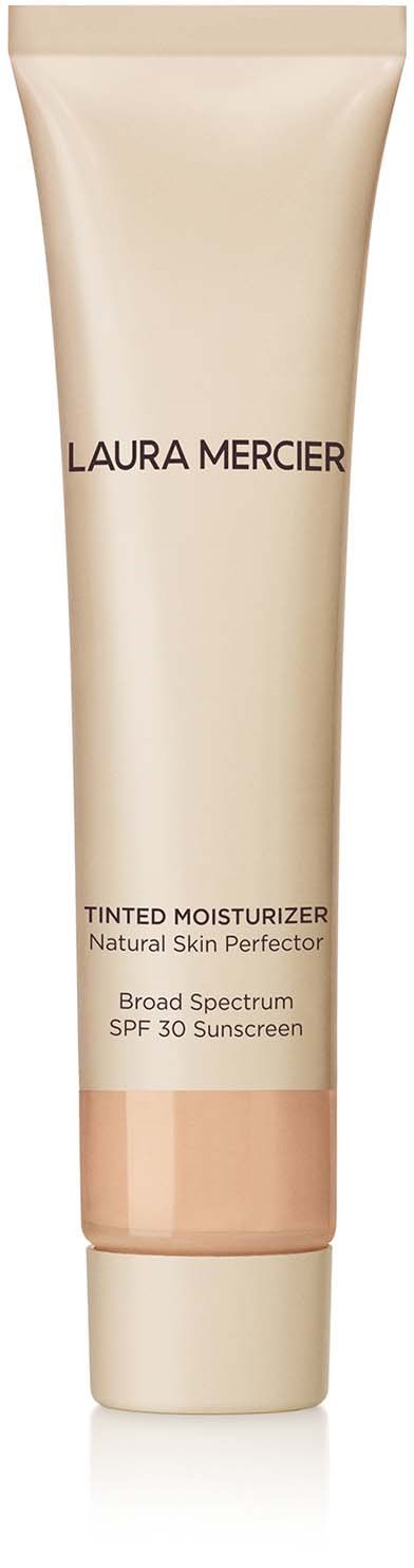En beige tub märkta Laura Mercier tendensfoundation med SPF 30, tänkt för naturlig hudförbättring.