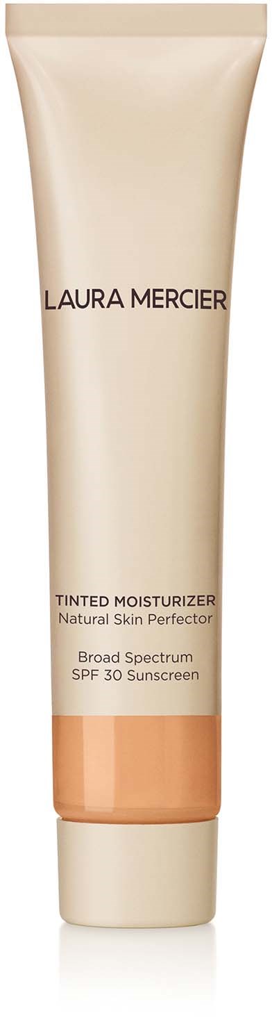 En beige tub med Laura Mercier färgad fuktighetskräm med SPF 30. Texten beskriver den som naturlig hudförbättrare.