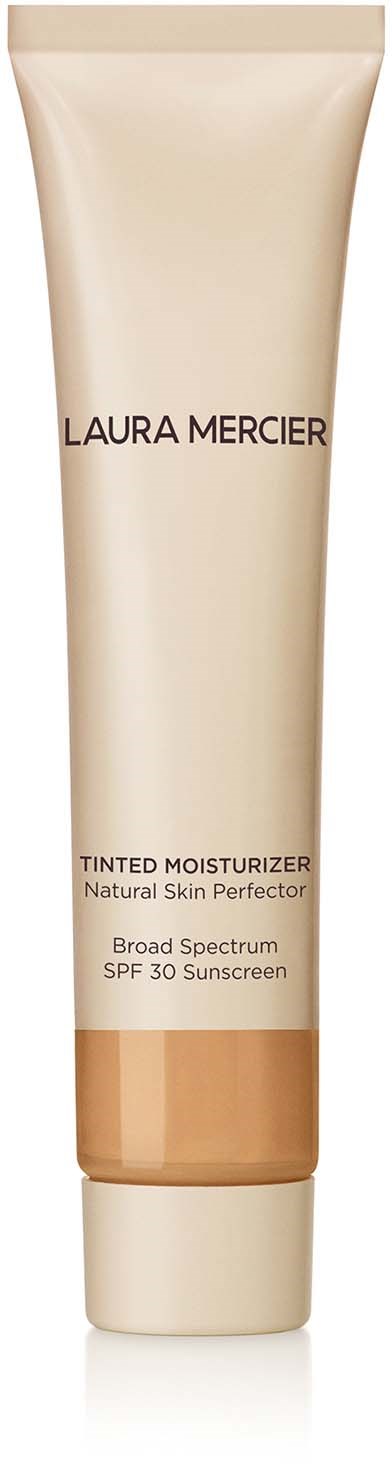 En beige tub med Laura Mercier tinted moisturizer med SPF 30 och brett spektrumsskydd.