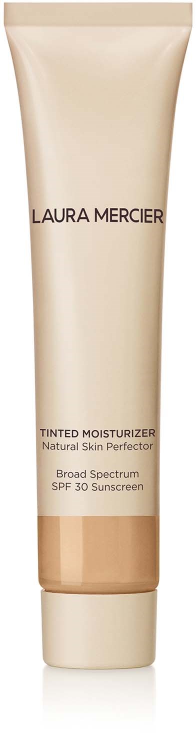 En beige tube märkt Laura Mercier tinted moisturizer med SPF 30, avsedd för hudvård och solskydd.