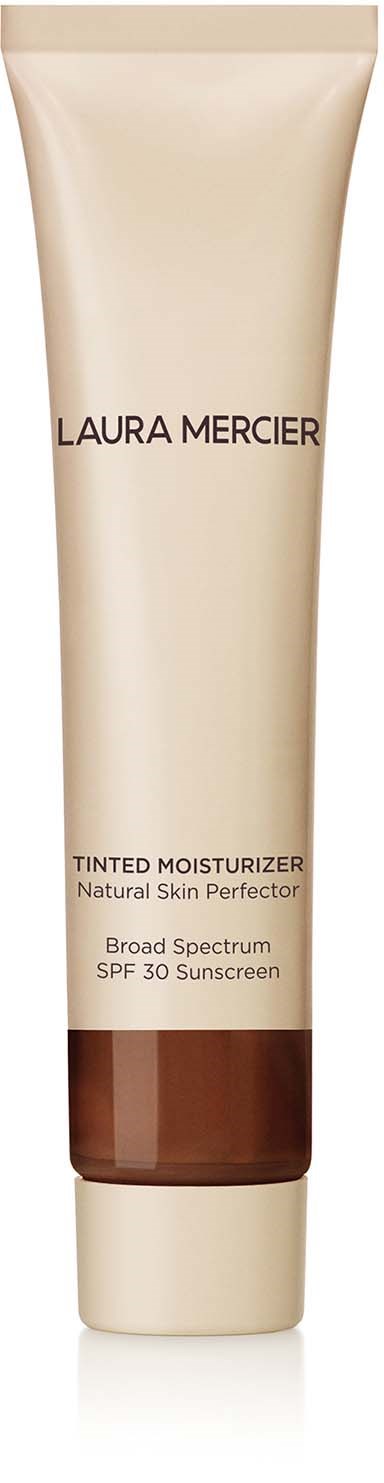 En beige tub av Laura Mercier färgad återfuktare med bredspektrum SPF 30 och en brun kork.