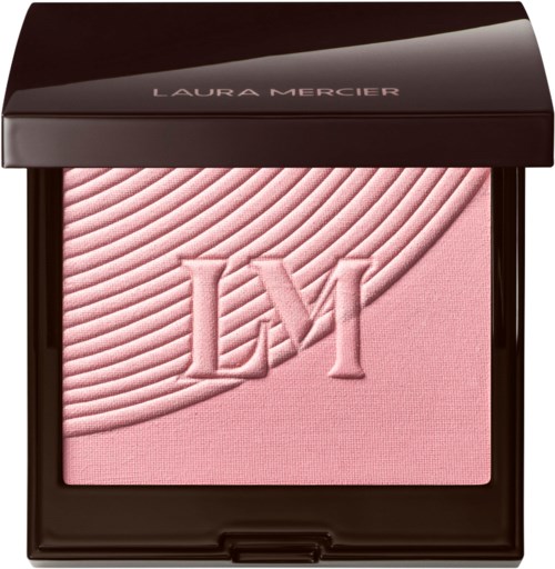 Pinkki Poskipuna-pakkaus, jossa on tekstuurinen kuvio ja initials LM, kotelossa labeled Laura Mercier.