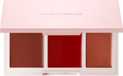 Laura Mercier huulien ja poskipunan palettiin kolme sävyä vaaleanpunaisessa tapauksessa.