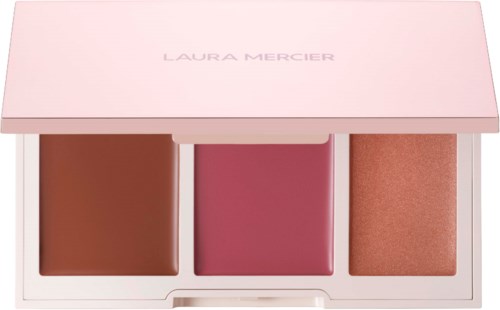 Meikkipaletti, jossa on kolme poskipuna väriä vaaleanpunaisessa rasiaa, Laura Mercier.