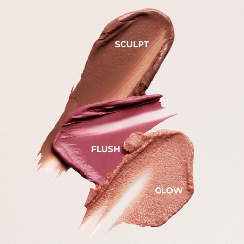 Kolme meikkiväriä nimeltä Sculpt, Flush ja Glow vaalealla taustalla.