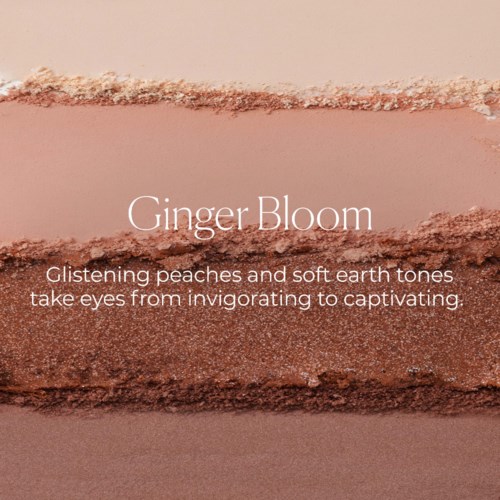 Kuvitus, jossa on persikan ja maan sävyisiä värejä sekä Ginger Bloom -teksti ja kuvaus silmien väreistä.