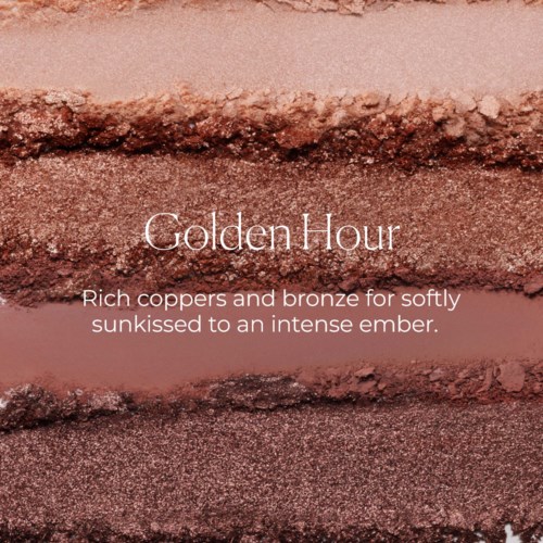 Lähikuva murskatummista silmäväreistä lämpimissä kultaisissa, bronza- ja punertavissa sävyissä ja tekstissä Golden Hour ja kuvaus.