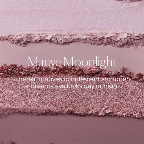 Mauve-sävyisten luomivärisävyjen näytteet, joissa eteerinen, iridescentti kiilto sopii päivään tai yöunelmiin.