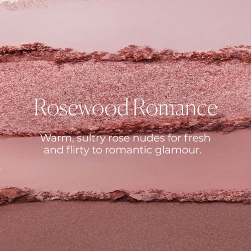 Tekstilogossa lukee Rosewood Romance, kuvailee lämpimiä roosan sävyjä romanttiseen glamouriin.