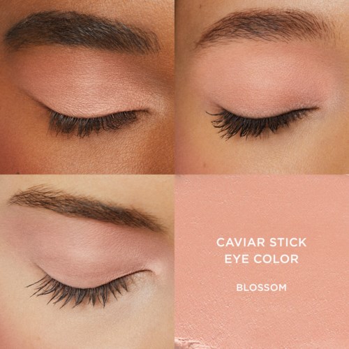 Tre stängda ögonbilder med naturliga ögonbryn och ögonfransar, med texten 'Caviar Stick Eye Color Blossom' överlagd.