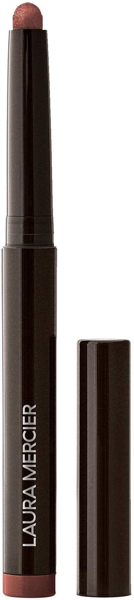 Ett läppstift med svart tube och beige nyans, märkt Laura Mercier, med korken borttagen och produkten synlig.