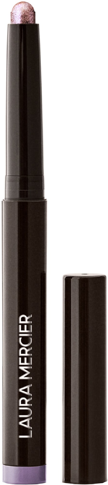 En svart sminkprodukt som liknar en penna, med en lila spets, märkt 'LAURA MERCIER,' står upprätt.