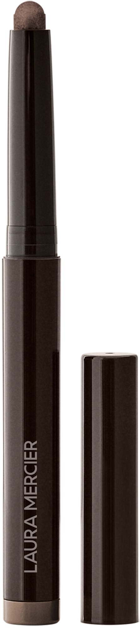 En svart makeup-stift med lock, märkt Laura Mercier. Lockets ligger bredvid stiftet.