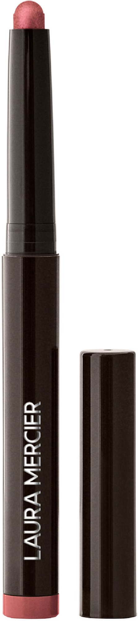 En svart läppstiftsliknande penna med ett öppet lock och rosa spets. Varumärket Laura Mercier står på pennan.