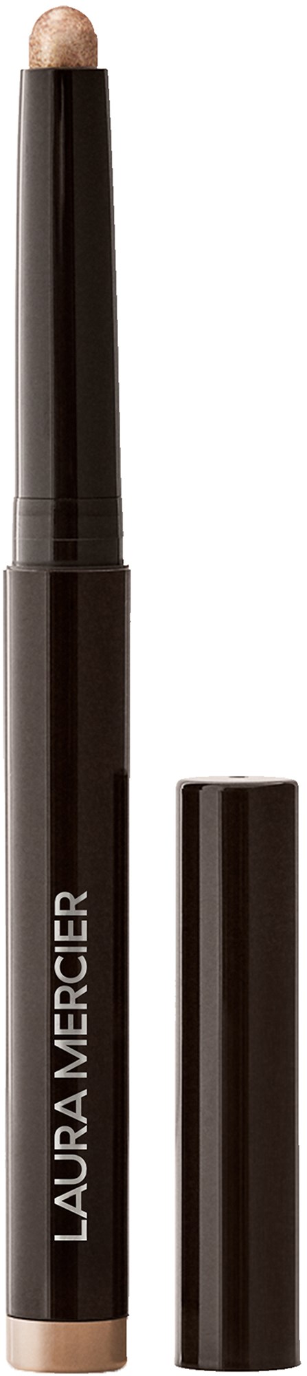 En svart Laura Mercier sminkpinne med plastlock bredvid, visar produkten's ljusa spets.