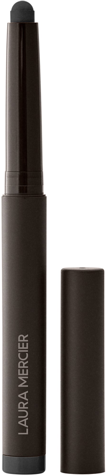 En mörkbrun eller svart Laura Mercier läppstift med avtagit lock, visar den långa, smala produkten.