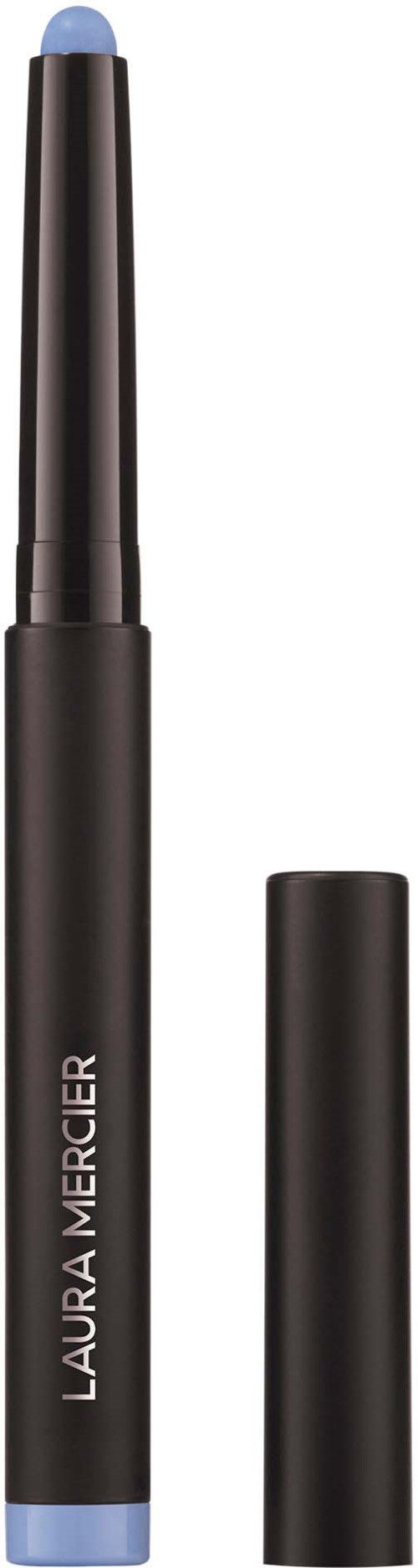 Laura Mercier-meikkikynä, jossa vaaleansininen kärki ja musta pakkaus, ilman kantta. Merkitty Laura Mercier.