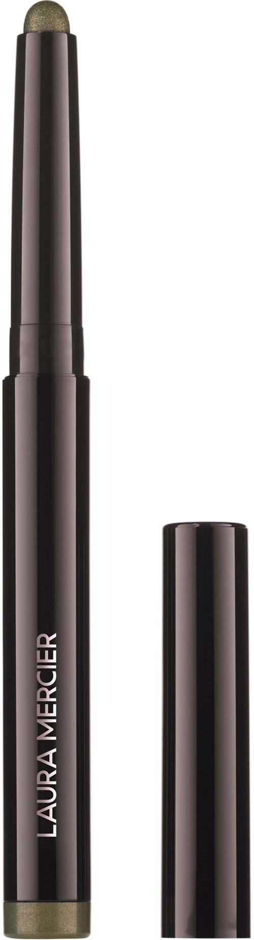 Laura Mercier silmän rajauskynä, jossa korkki on poistettu ja näyttää applicatorin ja tyylikkään mustan pakkauksen.