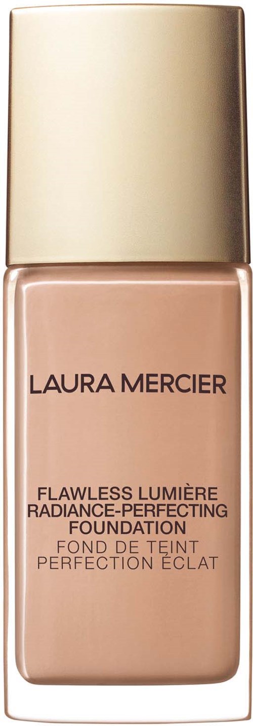 Beige-meikkipullo kultalevyllä, merkiltään 'Laura Mercier Flawless Lumière Radiance-Perfecting Foundation.'