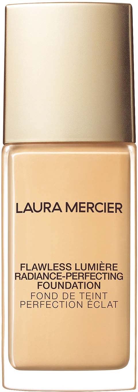 Laura Mercier -tuotteen pullo, jossa on kulttinen korkki ja beige meikkituote.