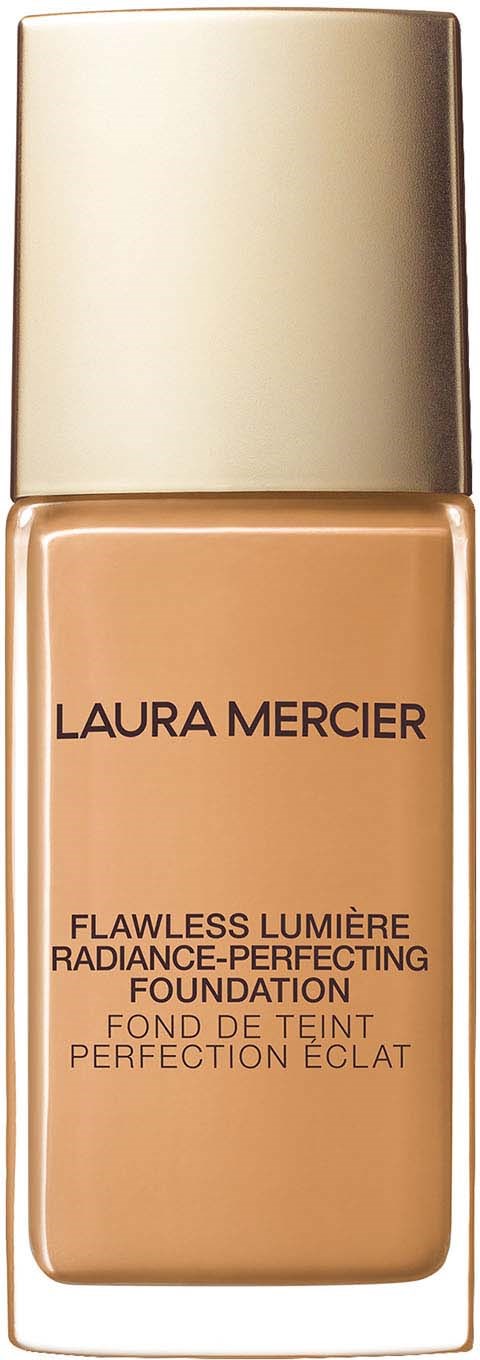 Laura Mercier Flawless Lumière Foundation -pullo, kultainen korkki ja beige meikkivoide sisällä.
